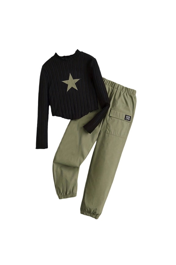 Big Girls 3 Piece Outfit Set Cargo Jogger Cozy Ribbed Tops With Start Print Casual Long Pants Outfits For Toddler And Kid Stylish Outfit Set