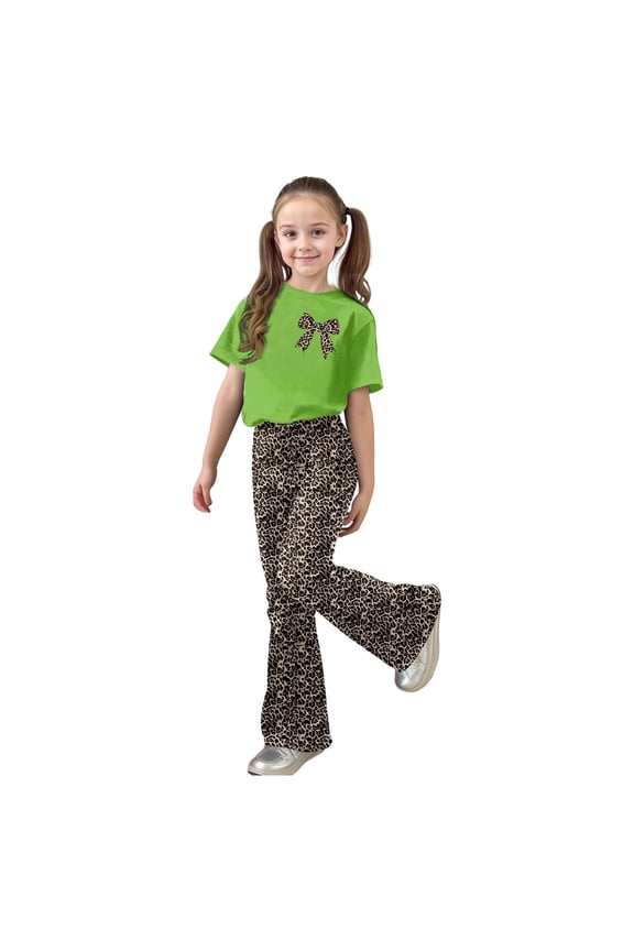 Big Girls Outfit Set Casual Cute Leopard Pattern Bow Short Sleeve Top And Long Length Flare Pants Toddler Play Comfy Two Piece Coordinated Set