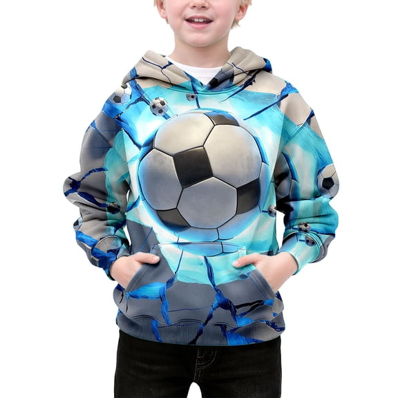 Bibifish Boys Hoodies Blue Soccer Print Full Graphic Lined Hood Sweatshirts Drawstring Hood Pocket Soccer Sports Fan Trendy Hoodies