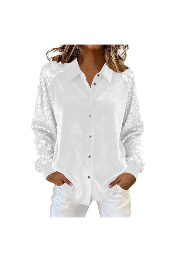 Button Down Shirt For Women Shiny Velvet Sequin Party Long Sleeve Casual Button Front Shirt