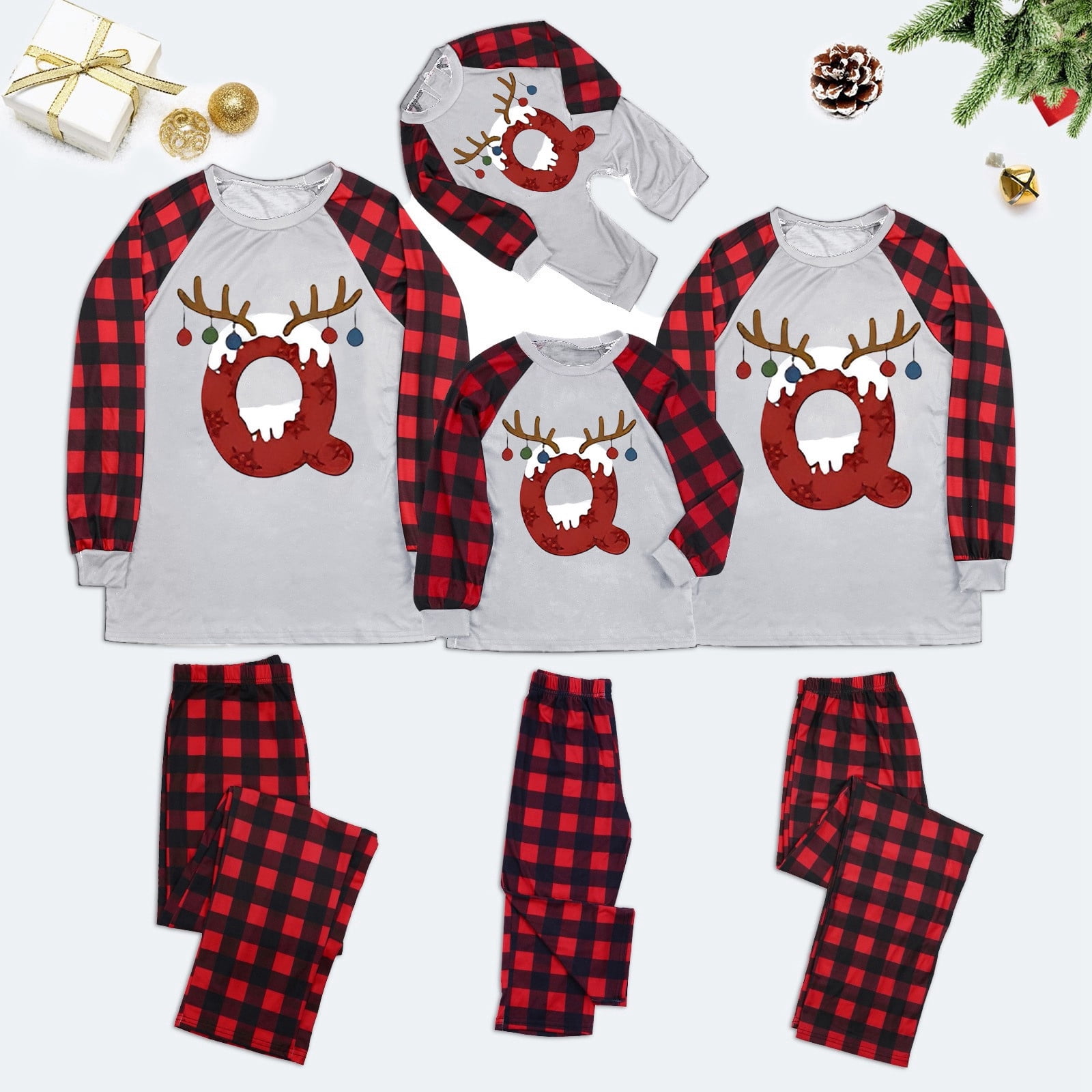 Bibifish Family Matching Christmas Pajamas Set Plaid Letter Q Print ...