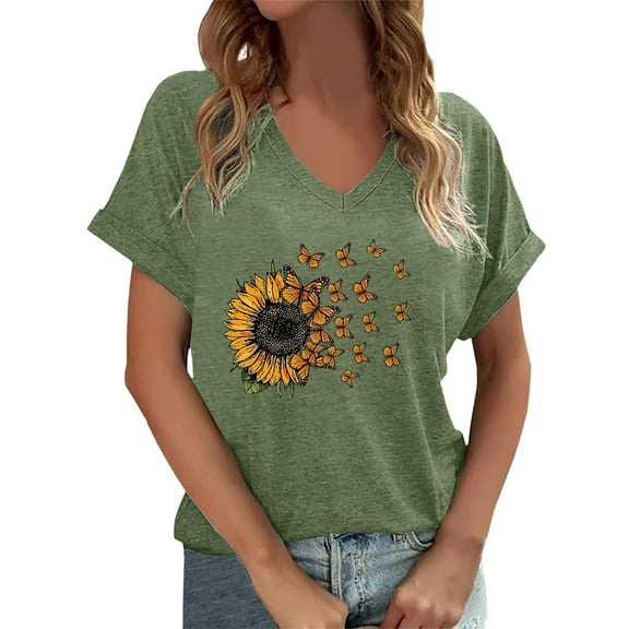 Bibifish Graphic T-Shirts For Women Vintage Sun Flower Print Trendy V Neck Ladies Tees Short Sleeve Oversized Soft Everyday Wear Tops