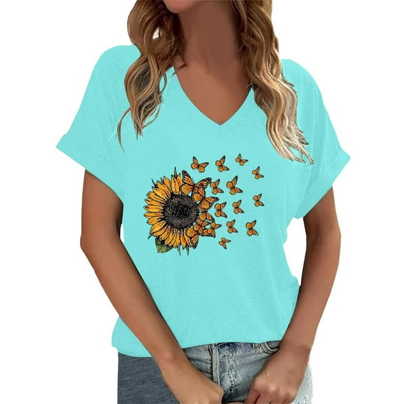 Bibifish Graphic T-Shirts For Women Vintage Sun Flower Print Trendy V Neck Ladies Tees Short Sleeve Oversized Soft Everyday Wear Tops