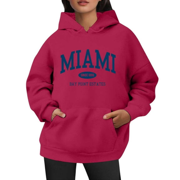Bibifish Graphic Womens Hoodies Miami City Letter Print Long Sleeve Oversized Hooded sweatshirts Soft Drawstring Trendy Outfits With Pocket