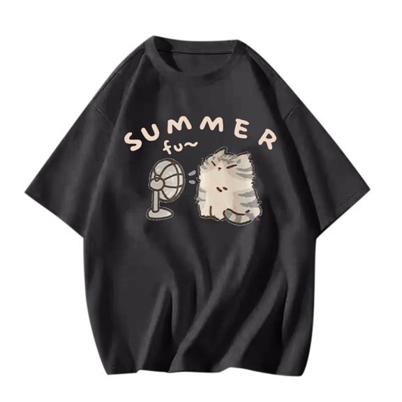 Bibifish Graphic Womens T-Shirts Stylish Oversized Short Sleeve Tops Classic Crewneck Summer Soft Cat Graphic Print Ladies Tees