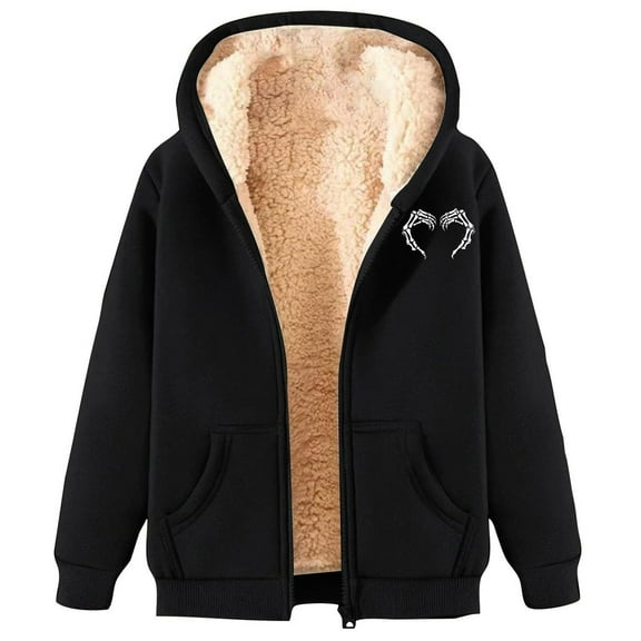 Bibifish Halloween Hoodies For Women Skeleton Print Thick Fleece Lined Zip Up Hoodies Fall Winter Soft Warm Hoodie Jackets With Pocket