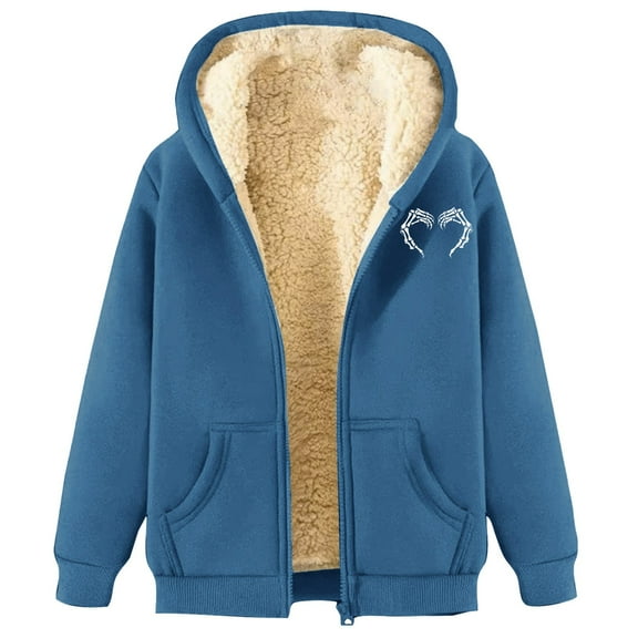 Bibifish Halloween Hoodies For Women Skeleton Print Thick Fleece Lined Zip Up Hoodies Fall Winter Soft Warm Hoodie Jackets With Pocket