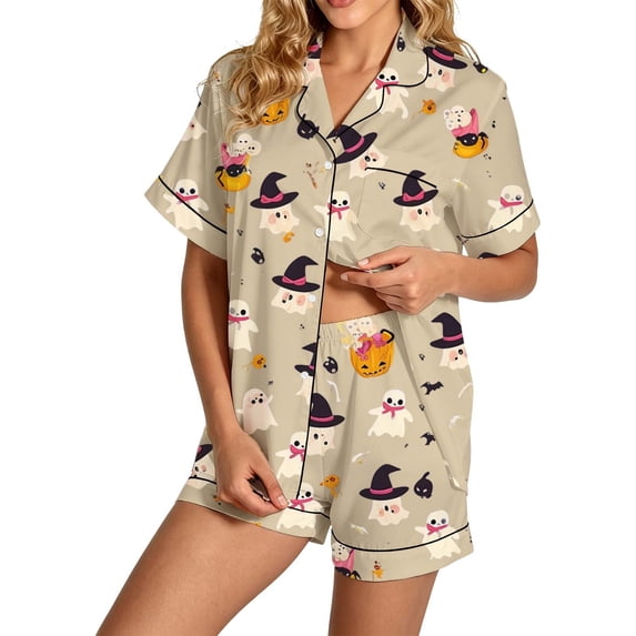 Bibifish Halloween Pajama Set For Women Graphic Button Down Short Sleeve Top Shorts 2 Piece Outfit Holiday Sleep Pj Sets