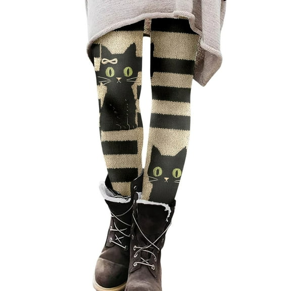 Bibifish Halloween Womens Legging Pants Cute Black Cat Print Pants Trendy Tights Holiday Elastic Waist Workout Party Yoga Leggings For Ladies