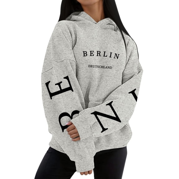 Bibifish Hoodies For Women Berlin German City Print Long Sleeve Oversized Hoodies Fall Casual Vacation Drawstring Pockets Pullover Tops