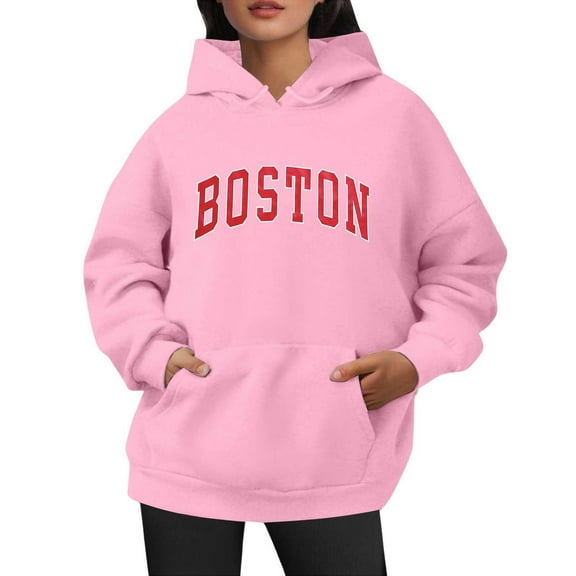 Bibifish Hoodies For Women Boston City Letter Print Hoodies Long Sleeve Drawstring Hoodies Oversized Fleece Pockets Pullovers