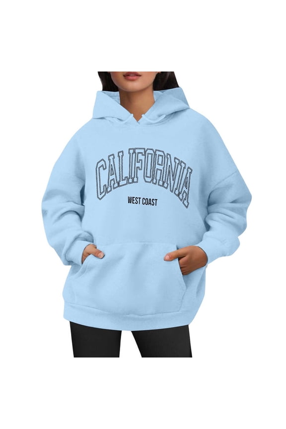 Hoodies For Women California City Letter Print Hoodies Long Sleeve Drawstring Hoodies Oversized Fleece Pockets Tops