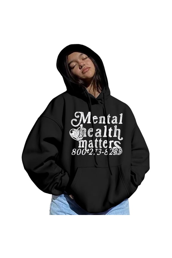 Hoodies For Women Casual Preppy Mental Health Matters Letter Print Hoodies Long Sleeve Fleece Lined Tops With Pocket