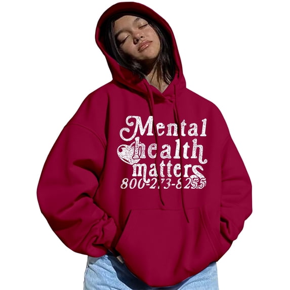 Bibifish Hoodies For Women Casual Preppy Mental Health Matters Letter Print Hoodies Long Sleeve Fleece Lined Tops With Pocket