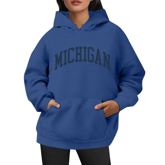 Bibifish Hoodies For Women Michigan City Letter Print Fall Trendy Preppy Hoodies Long Sleeve Female Pullover Tops With Pocket