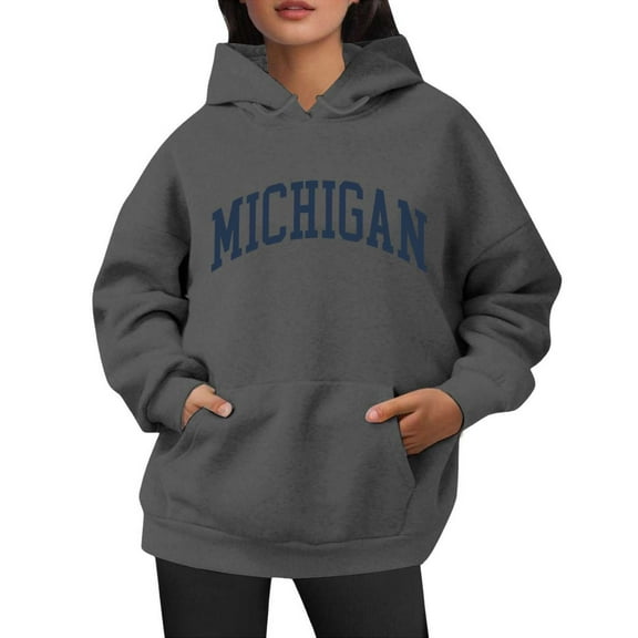 Bibifish Hoodies For Women Michigan City Letter Print Fall Trendy Preppy Hoodies Long Sleeve Female Pullover Tops With Pocket