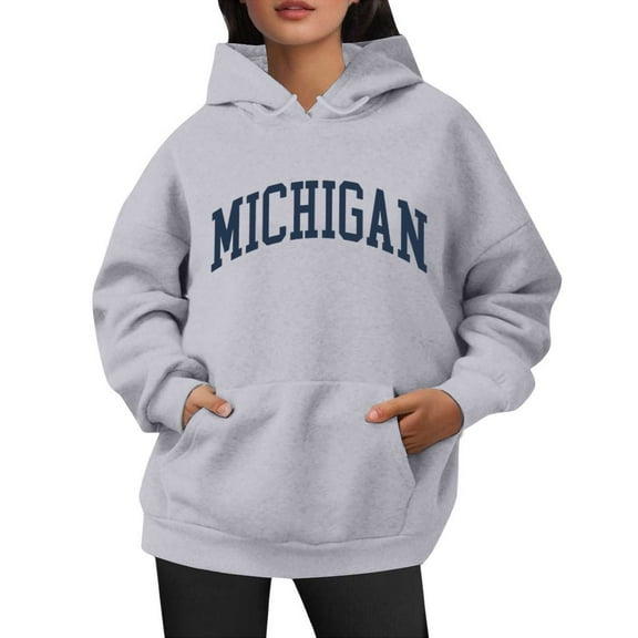 Bibifish Hoodies For Women Michigan City Letter Print Fall Trendy Preppy Hoodies Long Sleeve Female Pullover Tops With Pocket