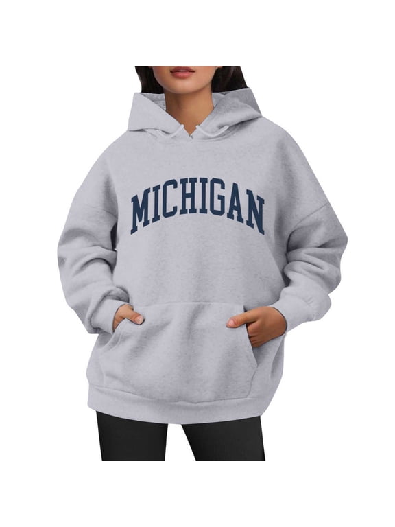 Hoodies For Women Michigan City Letter Print Fall Trendy Preppy Hoodies Long Sleeve Female Pullover Tops With Pocket