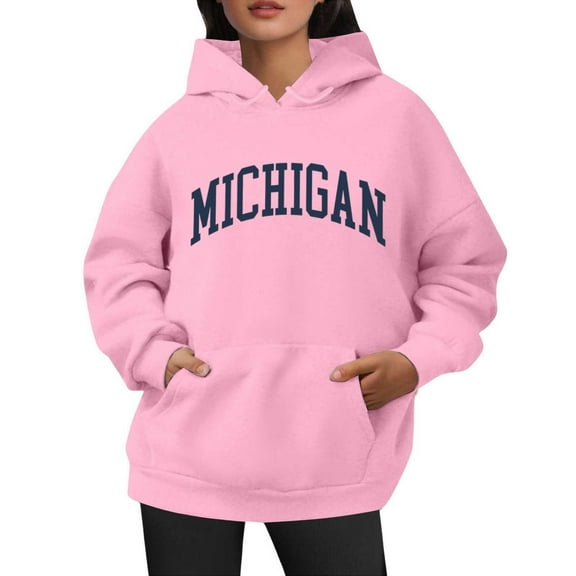 Bibifish Hoodies For Women Michigan City Letter Print Fall Trendy Preppy Hoodies Long Sleeve Female Pullover Tops With Pocket