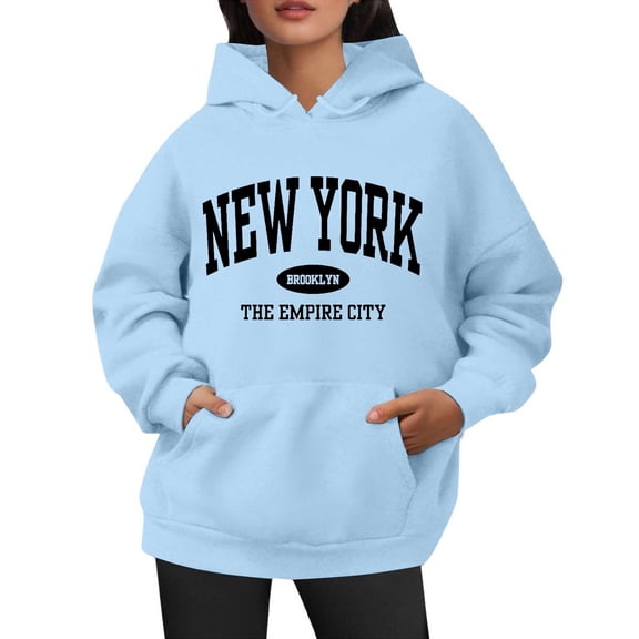 Bibifish Hoodies For Women New York City Letter Print Hoodies Long Sleeve Drawstring Hoodies Oversized Fleece Pockets Tops