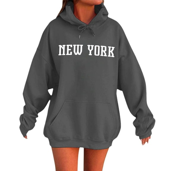 Bibifish Hoodies For Women Preppy New York City Letter Print Fall Oversized Hoodies Casual Long Sleeve Pockets Pullover Tops
