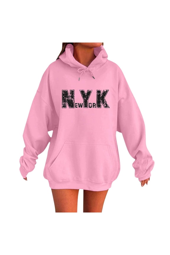 Hoodies For Women Preppy New York City Letter Print Fall Oversized Hoodies Casual Long Sleeve Pockets Pullover Tops