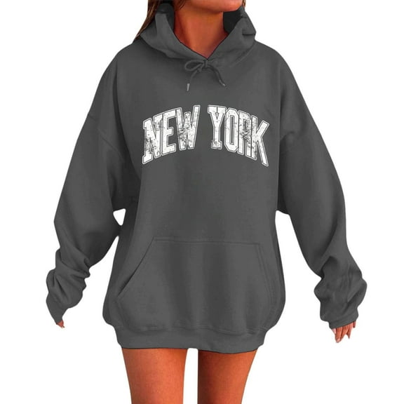 Bibifish Hoodies For Women Preppy New York City Letter Print Fall Oversized Hoodies Casual Long Sleeve Pullovers With Pocket