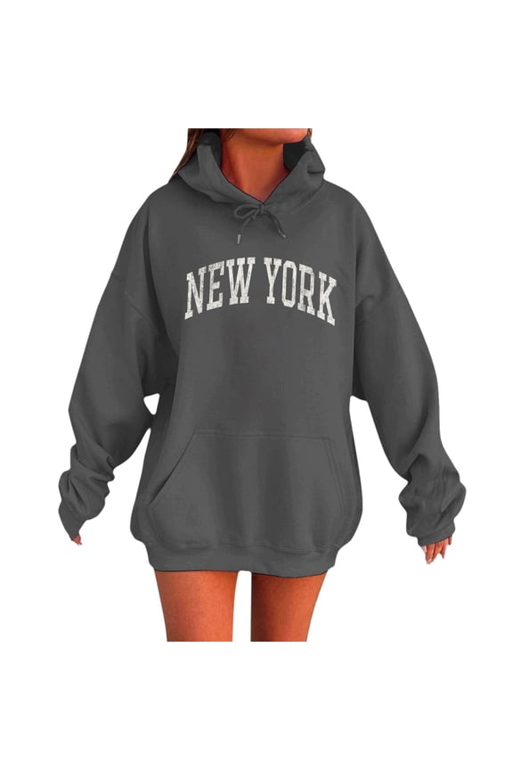 Hoodies For Women Preppy New York City Letter Print Fall Oversized Hoodies Soft Long Sleeve Pockets Pullover Tops
