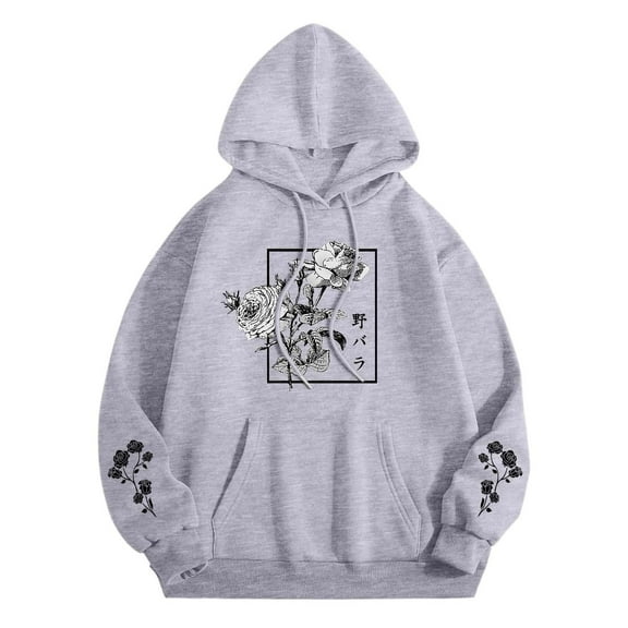 Bibifish Hoodies For Women Y2K Streetwear Rose Graphic Print Fleece Hoodies Trendy Long Sleeve Drawstring Pullovers With Pocket
