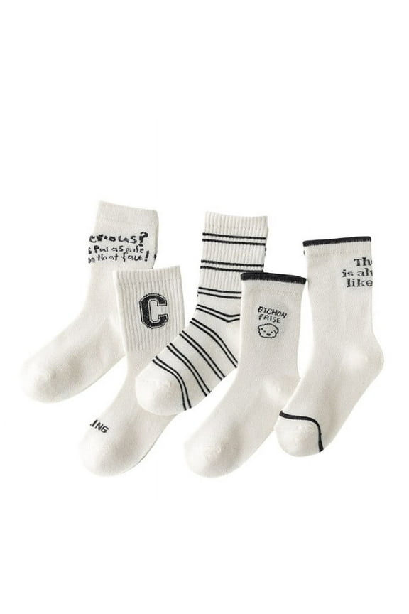 Kids Ankle Socks 5 Pairs White Black Letter Graphic Print Ribbed Cuff Socks Soft Breathable Casual School Days Socks For Boys Girls