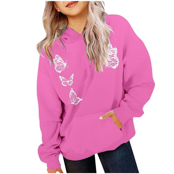 Bibifish Kids Hoodies Black White Butterfly Graphic Print Fleece Lined Sweatshirts With Pocket Drawstring Soft Loose Fit Trendy Hoodies