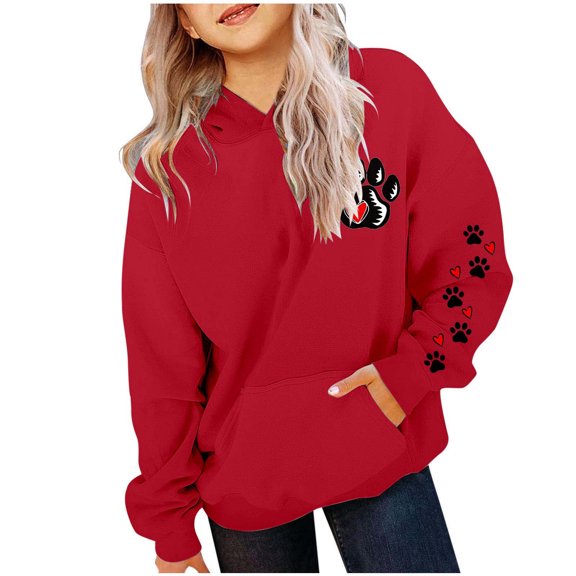 Bibifish Kids Hoodies Dog Paw And Heart Graphic Print Fleece Lined Hoodies Drawstring Hood Cozy Relaxed Fit Casual Pet Cute Trendy Hoodies