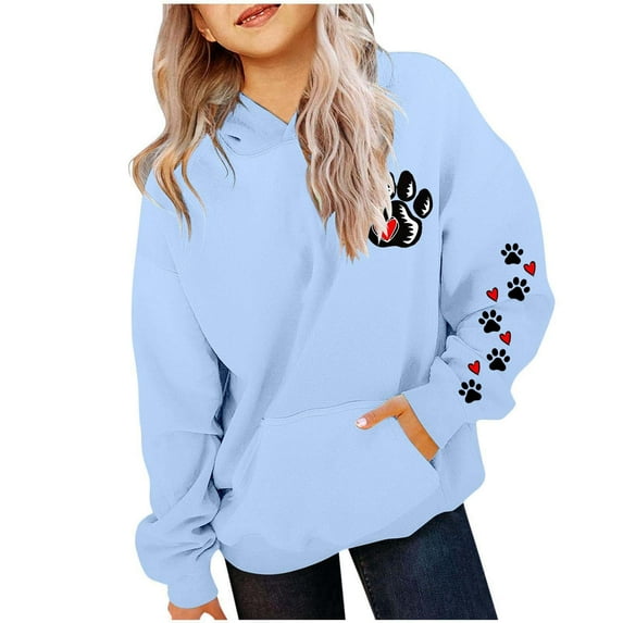 Bibifish Kids Hoodies Dog Paw And Heart Graphic Print Fleece Lined Hoodies Drawstring Hood Cozy Relaxed Fit Casual Pet Cute Trendy Hoodies