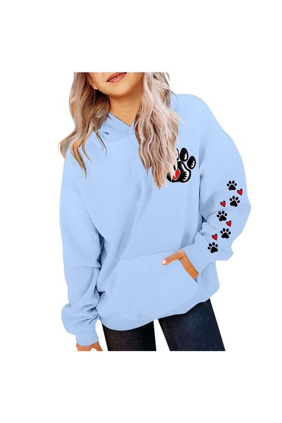 Kids Hoodies Dog Paw And Heart Graphic Print Fleece Lined Hoodies Drawstring Hood Cozy Relaxed Fit Casual Pet Cute Trendy Hoodies