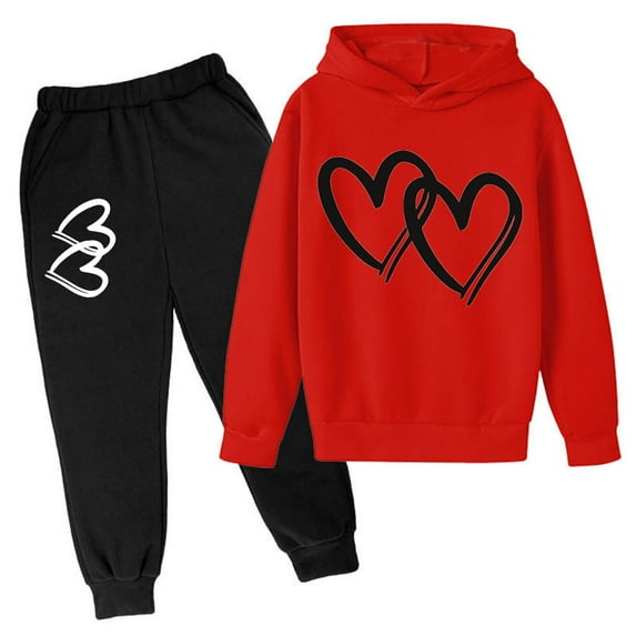 Bibifish Little Girls 2 Piece Jogger Set Black Hoodie And Pants Cozy Fleece Cute Graphic Print Kids School Outings Sweatsuit With Heart Print