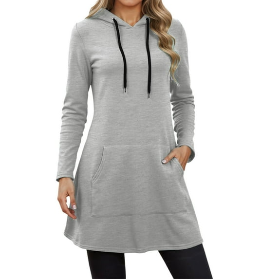 Bibifish Long Hoodies For Women Drawstring Tunic Long Sleeve Hooded sweatshirts Fall Winter Warm Sports Loungewear Hoodie Dress With Pocket