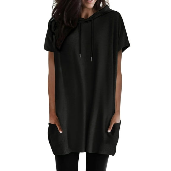 Bibifish Long Hoodies For Women Summer Cozy Breathable Short Sleeve Tees Casual Soild Color Hooded Long Pullover Tops With Pockets