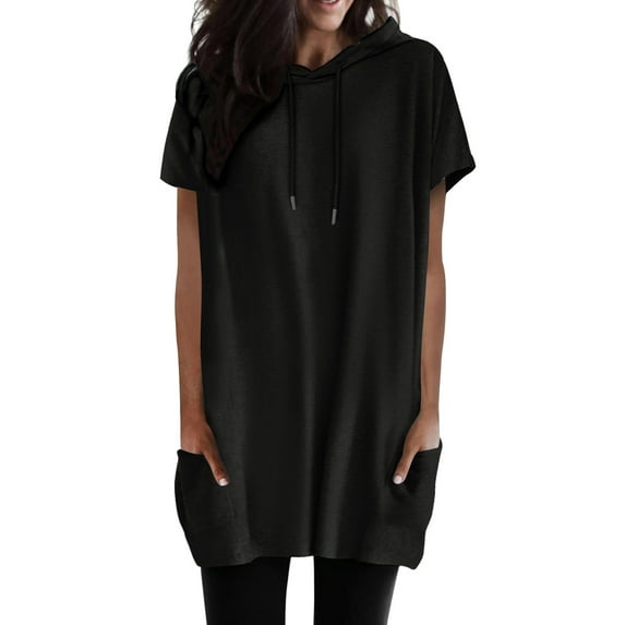 Bibifish Long Hoodies For Women Summer Cozy Breathable Short Sleeve Tees Casual Soild Color Hooded Long Pullover Tops With Pockets
