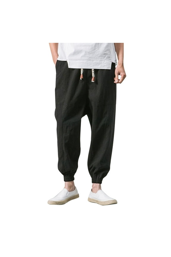 Men Pants Cotton Autumn Linen Solid Color Elastic Waist Casual Trousers Drawstring Drop-Crotch Mid Waist Pants With Pockets