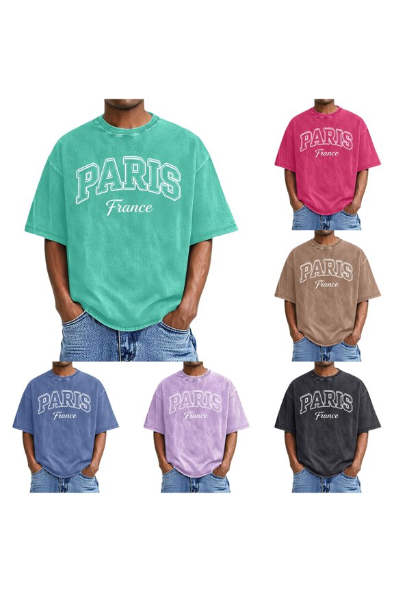 Mens T Shirts Short Sleeve Crew Neck Acid Wash Paris France College Outline Letter Print Tees European City Casual Tops