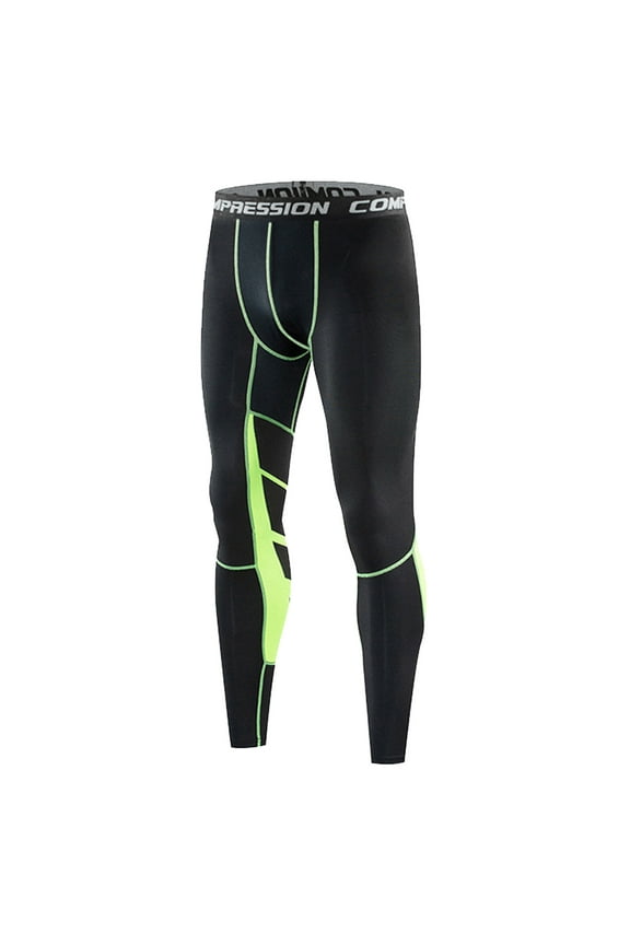 Mens Athletic Pants Black & Neon Green Contrast Panel Leggings Waistband Stretchy Quick Dry Football Basketball Gym Training Pants