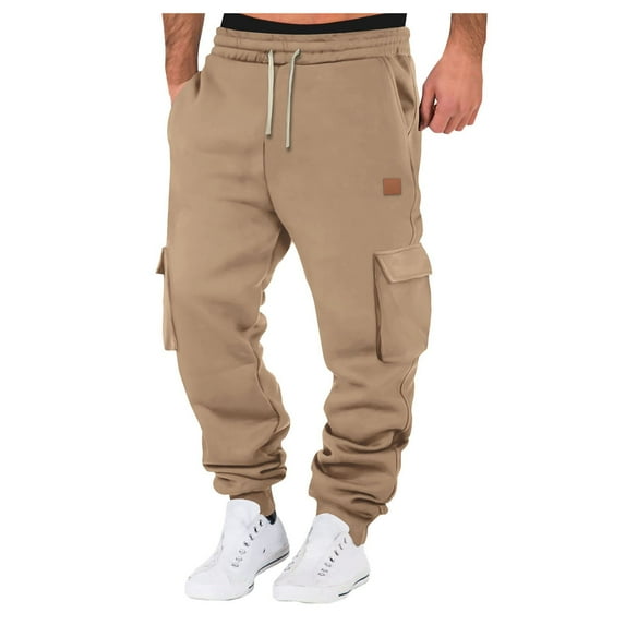 Bibifish Mens Cargo Pants Autumn Solid Color Drawstring Elastic Waist Jogger Trousers Soft Drop-Crotch Sports Pants With Multiple Pockets