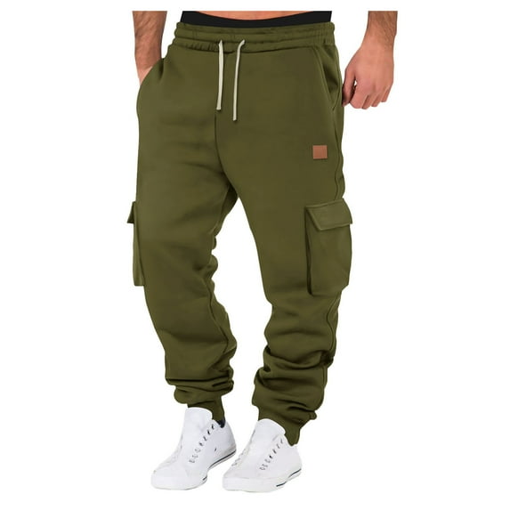 Bibifish Mens Cargo Pants Autumn Solid Color Drawstring Elastic Waist Jogger Trousers Soft Drop-Crotch Sports Pants With Multiple Pockets