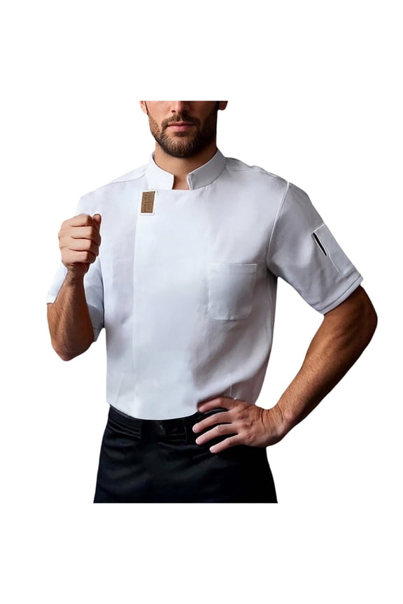 Mens Chef Tops Professional Stain Resistant Short Sleeve Tshirts Regular Fit Stand Collar With Pockets Restaurant Kitchen Catering Work Wear Uniform Shirts