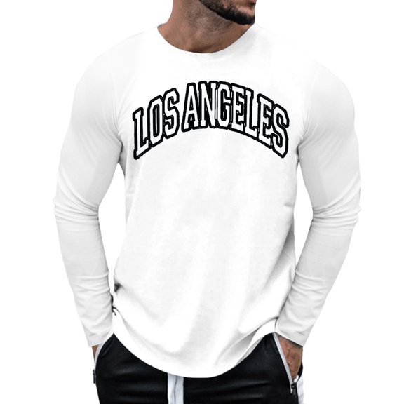 Bibifish Mens Crew Neck Graphic T-Shirts Long Sleeve Los Angeles Distressed Print T-Shirts Casual Retro Streetwear Tee Shirt