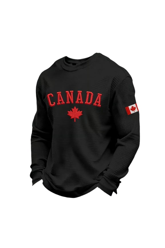 Mens Crew Neck Long Sleeve Sweatshirt With Canada Maple Leaf Embroidery Soft Casual Patriotic Streetwear Loose Fit Pullover