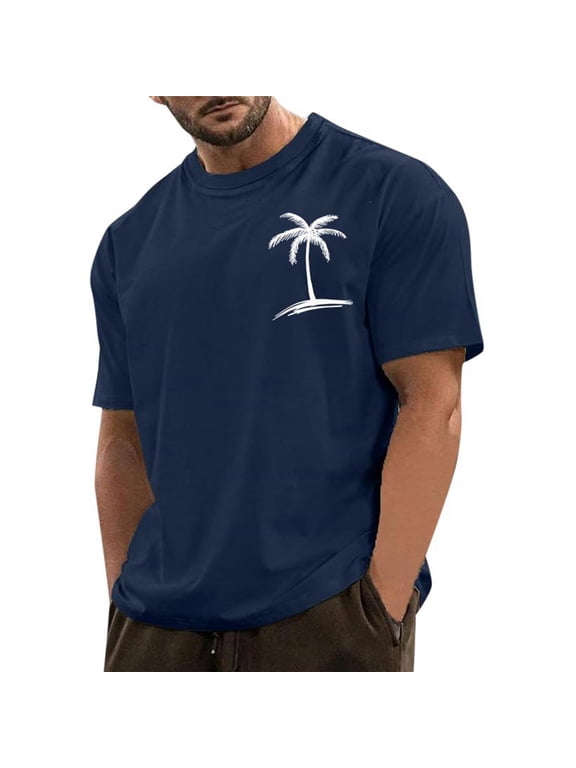 Mens Crew Neck Short Sleeve Graphic T-Shirts Palm Tree Print Soft Casual Streetwear Summer Beach Tee Shirt