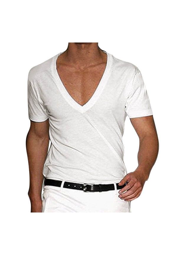 Mens Deep V Neck Short Sleeve T-Shirts Slim Fit Stretch Undershirt Soft Lightweight Casual Daily Wear Tops
