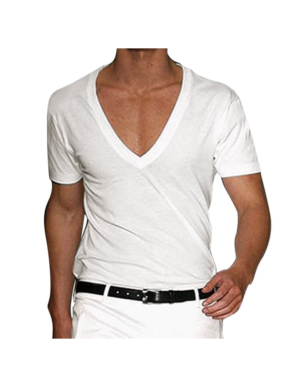 Mens Deep V Neck Short Sleeve T-Shirts Slim Fit Stretch Undershirt Soft Lightweight Casual Daily Wear Tops