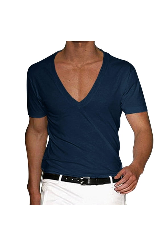 Mens Deep V Neck Short Sleeve T-Shirts Slim Fit Stretch Undershirt Soft Lightweight Casual Daily Wear Tops